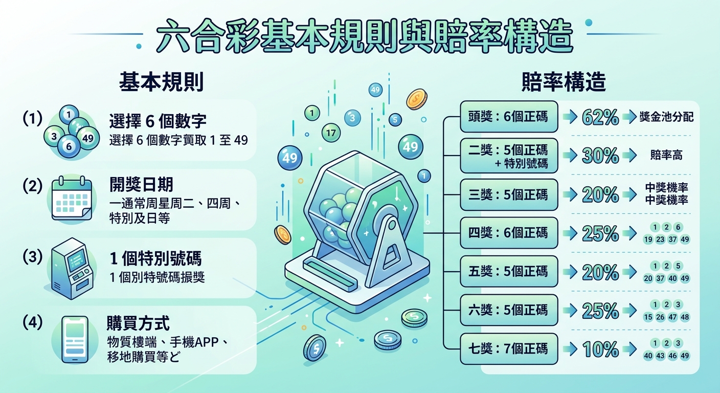 這張圖表以淺藍色與青色為背景,中央展示了一台充滿科技感的立體透視六合彩搖獎機,四周飄浮著數字彩球與金幣。 上方標有標題「六合彩基本規則與賠率構造」,左右兩側分別以乾淨的圖示與表格整理出基本規則與各獎項的賠率分配。
