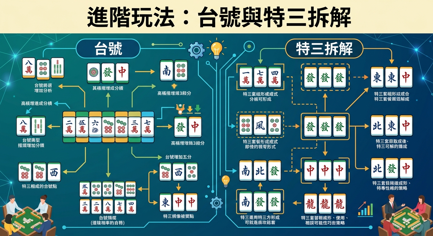 這張圖片是一份關於「進階玩法:台號與特三拆解」的圖解指南,畫面左右分為台號與特三兩個核心板塊。 圖中透過麻將牌型組合、箭頭流程與數據圖表,搭配底部的玩家對局插圖,詳細解析進階的組合策略與拆解技巧。