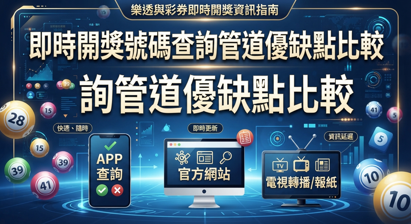 這張圖片以「即時開獎號碼查詢管道優缺點比較」為標題,並融合了彩球、智慧型手機、官方網站以及電視轉播等多元查詢媒介的視覺元素。